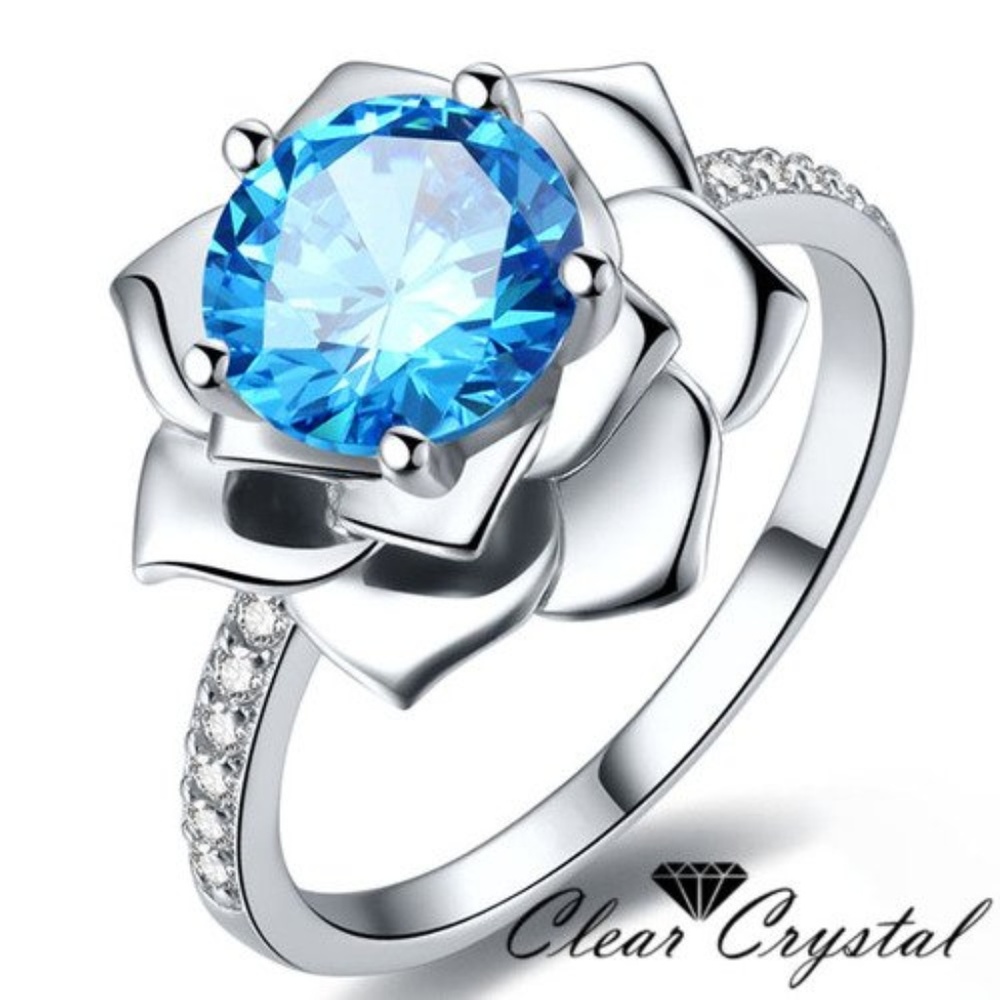 Silver Tone Blue Cubic Zircon‎ Flower Petal Ring